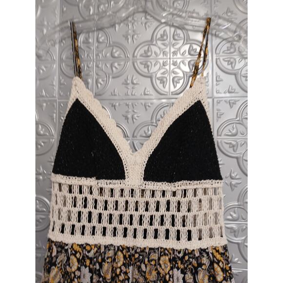 Forever 21 Crochet Floral Sundress L Black Babydoll Maxi Festival Hippie Gypsy - Picture 7 of 16